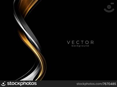 Abstract shiny gold and silver color wave design element on dark background. Golden glowing shiny spiral lines effect vector background. Fashion flow lines for cosmetic gift voucher, website and advertising.. Abstract shiny gold and silver wave design element