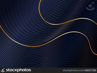 Abstract shiny gold wave curved lines pattern on dark blue background luxury style. Vector illustration