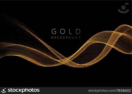 Abstract shiny golden wavy design element with glitter effect. Flow gold wave on dark background. Fashion motion design for website and advertising banner, gift voucher. Abstract shiny golden wavy design element. Flow gold wave