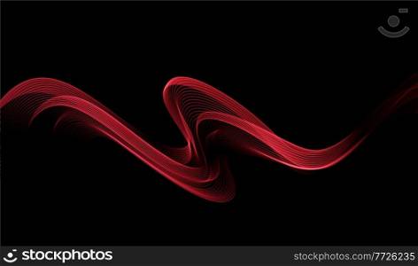 Abstract shiny red color wave design element on dark background. Fashion motion flow design for voucher, website and advertising design. Golden lines for cosmetic gift voucher. Abstract shiny red color wave design element