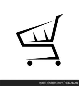 Abstract shopping cart isolated trolley. Vector basket on wheels logo, metal empty consumer bag. Shopping cart on wheels isolated logo
