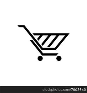 Abstract shopping cart isolated trolley. Vector basket on wheels logo, metal empty consumer bag. Shopping cart on wheels isolated logo