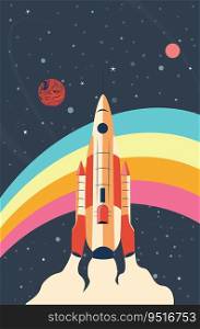 Abstract shuttle flying in the space, retro futuristic illustration.