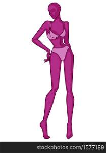 Abstract silhouette graceful and slender lady in lingerie, vector illustration in magenta hues isolated on white background
