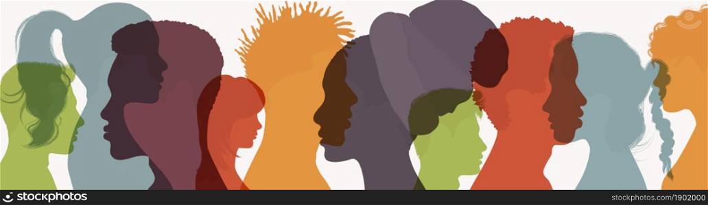 Abstract silhouette head face of diverse people in profile. Friendship between multiethnic and multicultural people. Community or teamwork concept. People diversity. Multiracial society