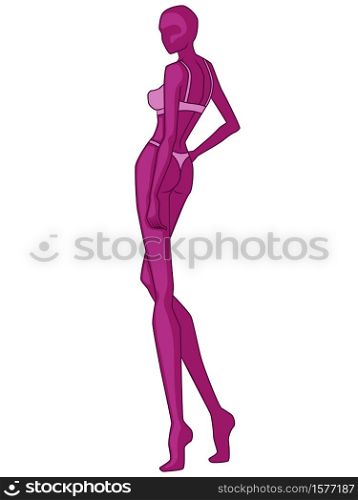 Abstract silhouette of elegant lady in underwear, vector illustration in magenta hues isolated on white background, back view