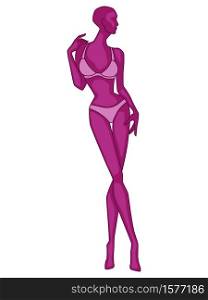 Abstract silhouette of slender woman in underwear, vector illustration in magenta hues isolated on white background