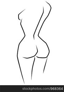 Abstract silhouette of woman body part with slim waist and big hips, back view, black over white hand drawing vector artwork