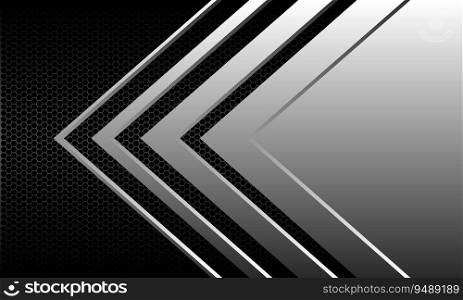 Abstract silver arrow direction geometric on black hexagon mesh pattern design modern luxury futuristic background vector illustration.