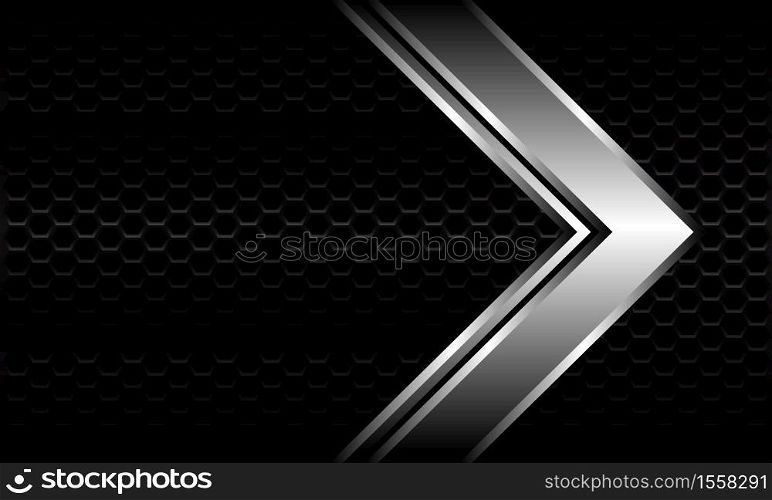 Abstract silver arrow direction on black hexagon mesh pattern metallic design modern luxury futuristic background vector illustration.