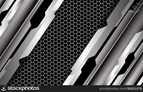 Abstract silver black cyber line pattern geometric overlap on hexagon mesh design modern futuristic technology background vector illustration.