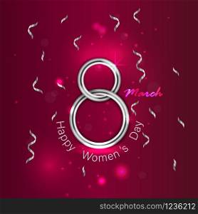 Abstract silver Greeting card.Silver number eight and glitter silver greeting on background.International Happy Women&rsquo;s Day.8th of March holiday background