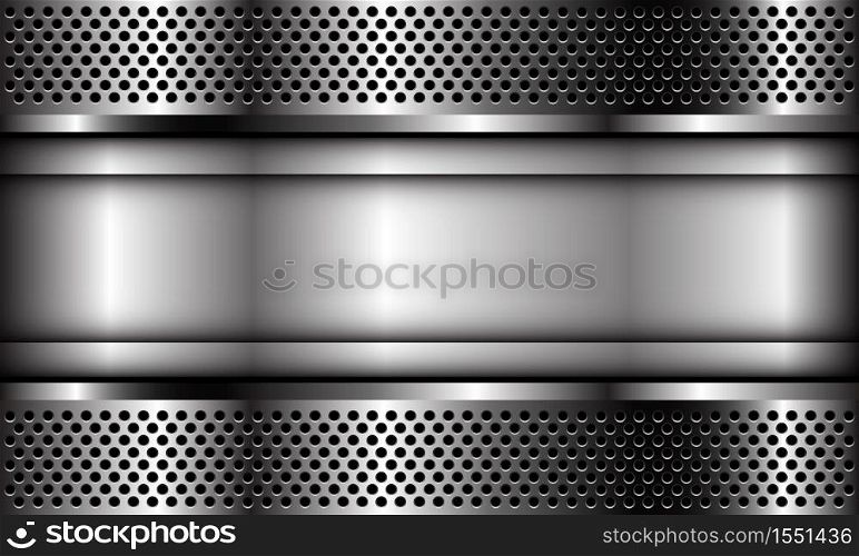 Abstract silver plate banner on metal circle mesh pattern design modern luxury futuristic industrial background vector illustration.