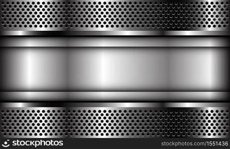 Abstract silver plate banner on metal circle mesh pattern design modern luxury futuristic industrial background vector illustration.
