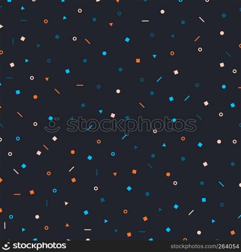 Abstract simple geometric triangles, squares, circles colorful on dark background. Vector illustration