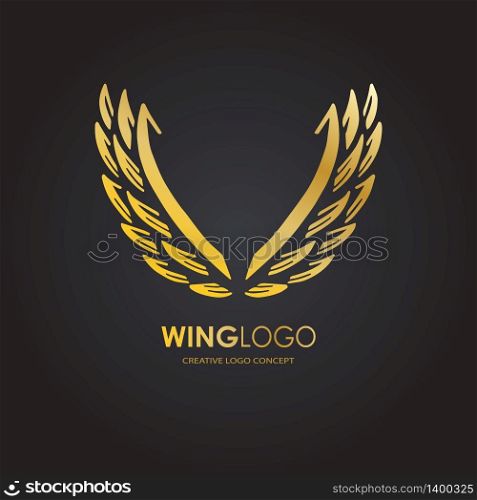 Abstract simple gold wings logo. Vector logotype icon. Illustration isolated on black background. Abstract simple wings logo. Vector logo icon