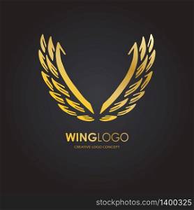 Abstract simple gold wings logo. Vector logotype icon. Illustration isolated on black background. Abstract simple wings logo. Vector logo icon