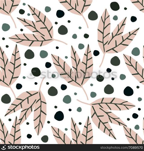 Abstract simple golden leaves wallpaper on white background. Hand draw tropical seamless pattern. Design for fabric, textile print, wrapping. Vector illustration. Abstract simple golden leaves wallpaper on white background.