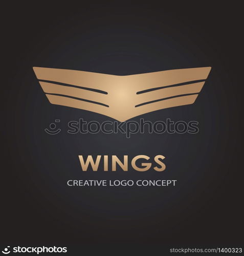 Abstract simple golden or bronze wings logo. Vector logotype icon. Illustration isolated on black background. Abstract simple wings logo. Vector logo icon