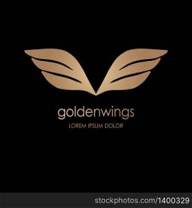 Abstract simple golden or bronze wings logo. Vector logotype icon. Illustration isolated on black background. Abstract simple wings logo. Vector logo icon