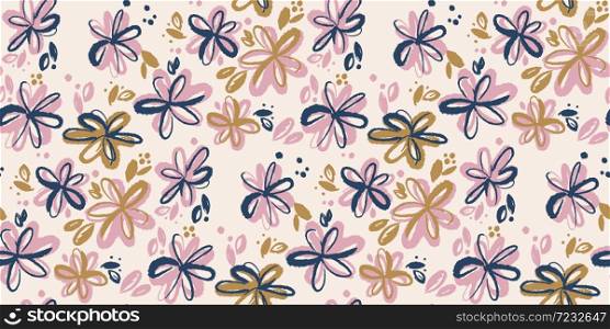 Abstract sketch floral seamless pattern for background, fabric, textile, wrap, surface, web and print design. Shabby hipster and rustic vibes flowers.