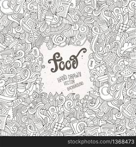 Abstract sketchy vector decorative doodles food background. Template frame design for card.. Abstract vector decorative doodles food background.