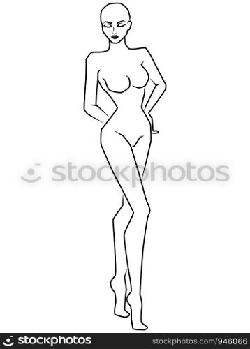 Abstract slender and sensual woman with closed eyes, tilted her head down, hand drawing outline