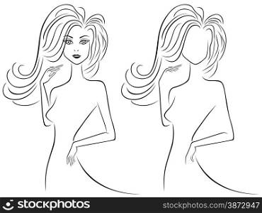 Abstract slender female outlines in more and less detailed variants, hand drawing vector illustration