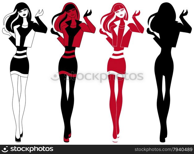 Abstract slender girl in short skirt, vector artwork in four various embodiments