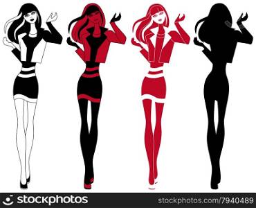 Abstract slender girl in short skirt, vector artwork in four various embodiments