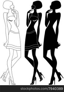 Abstract slender model in shoes with high heels, vector artwork in three various embodiments