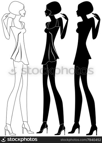 Abstract slim girl in shoes with high heels, vector artwork in three various embodiments