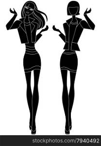 Abstract slim girl in short skirt, vector black stencil with the more and less detailed embodiments