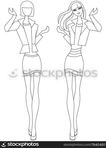 Abstract slim girl in short skirt, vector outline with the more and less detailed embodiments