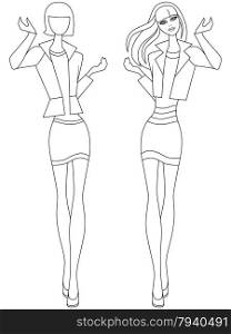Abstract slim girl in short skirt, vector outline with the more and less detailed embodiments