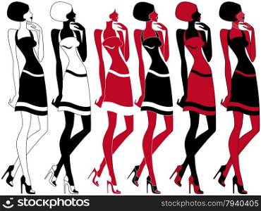 Abstract slim model in shoes with high heels, vector artwork in six various embodiments