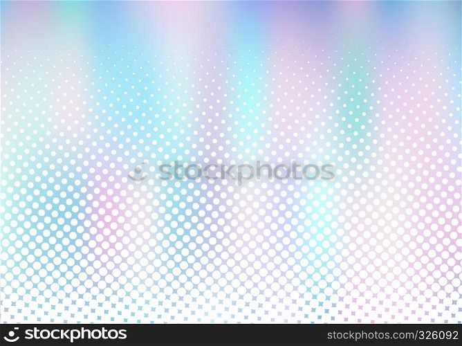 Abstract smoot blurred holographic gradient background with white halftone effect. Hologram Luxury trendy tender pearlescent. Vector illustration