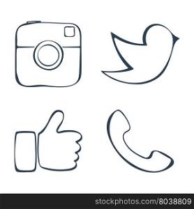 Abstract social media icons set. Retro photo camera, call, hand and bird symbol. Doodle design. Vector illustration