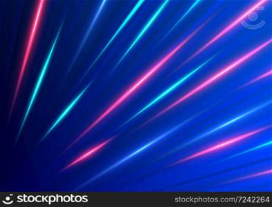 Abstract speed blue and red light diagonal movement pattern motion blur on dark blue background. Vector illustration