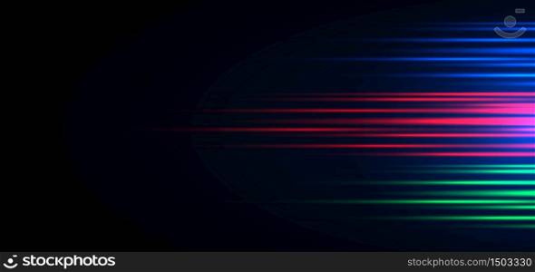 Abstract speed blue, green,red light horizontal movement pattern motion blur on black background. Technology concept. Vector illustration