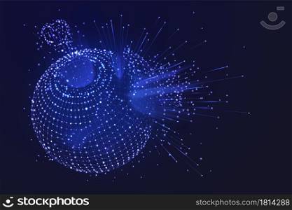 Abstract sphere explosion. Particles burst, energy spark globe banner. Digital technology world, 3d recent connected lines vector concept. Illustration futuristic and dynamic creative glow grid. Abstract sphere explosion. Particles burst, energy spark globe banner. Digital technology world, 3d recent connected lines vector concept