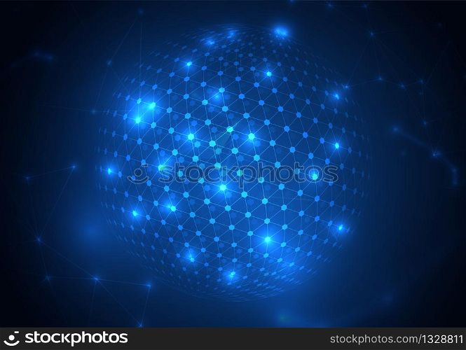 Abstract sphere shape of glowing circles and particles. Global Network connection visualization. Science and technology background.
