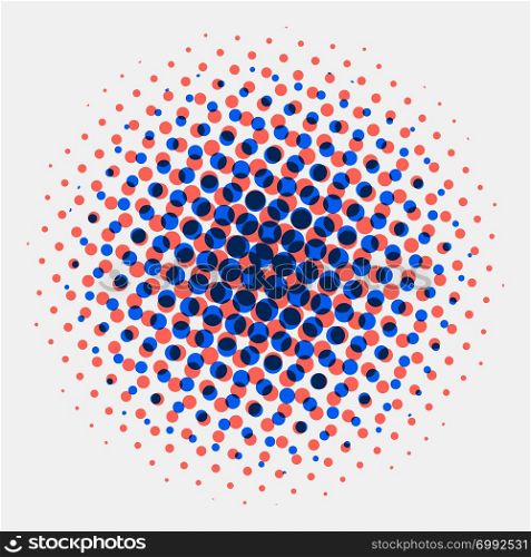 Abstract spotted halftone circles radial blue and orange color on white background. Vector illustration