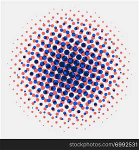 Abstract spotted halftone circles radial blue and orange color on white background. Vector illustration