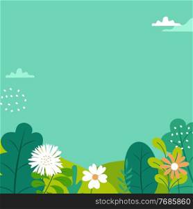 Abstract spring and summer flat simple natural background with flowers, plant and copy space for banner, greeting card, poster. Vector Illustration. Abstract spring and summer flat simple natural background with flowers, plant and copy space for banner, greeting card, poster. Vector Illustration EPS10