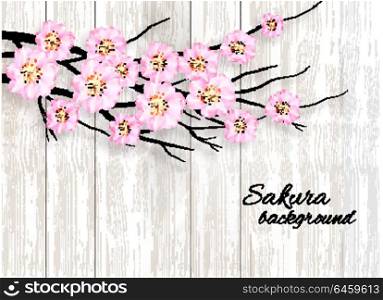 Abstract spring background with a pink blossoming sakura on wooden sign. Vector.