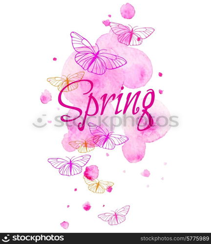 Abstract spring background with pink blots and butterflies