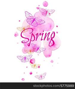 Abstract spring background with pink blots and butterflies