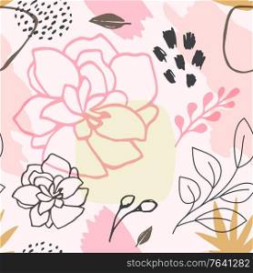 Abstract spring seamless pattern with flowers and leaves. Vector background