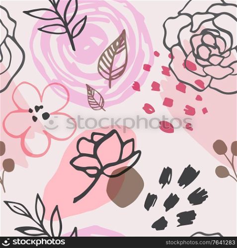 Abstract spring seamless pattern with flowers and leaves. Vector background